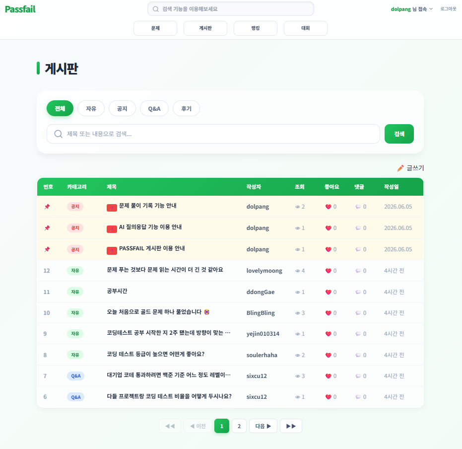 PASSFAIL 게시판 화면